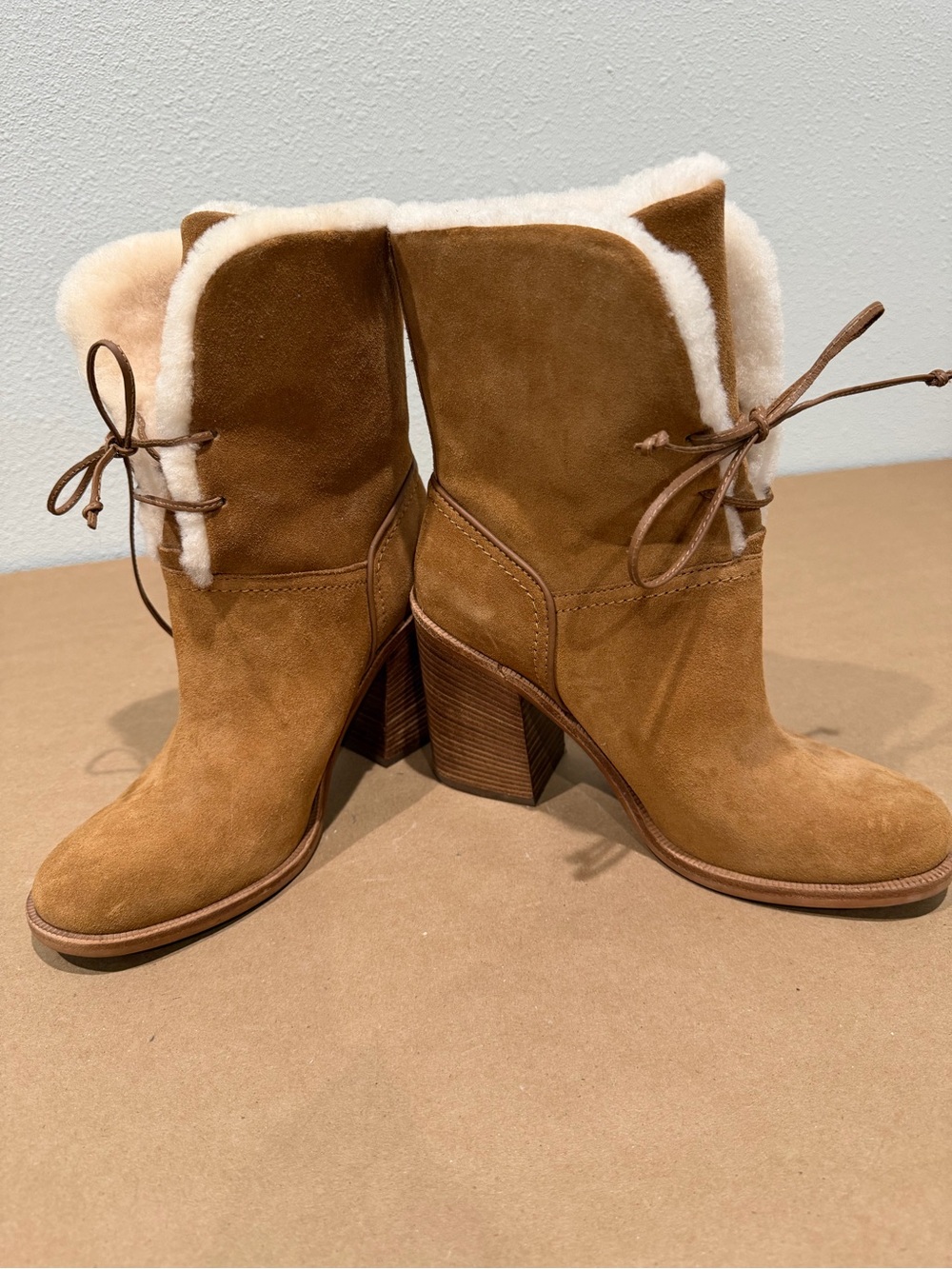 NEW!! UGG Jerene Chestnut Suede Shearling Foldover Lace-Up Heeled Boots